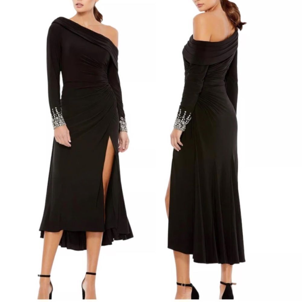Mac Duggal 26485 Asymmetrical Blackâ MidiâDress Slit NWT $398